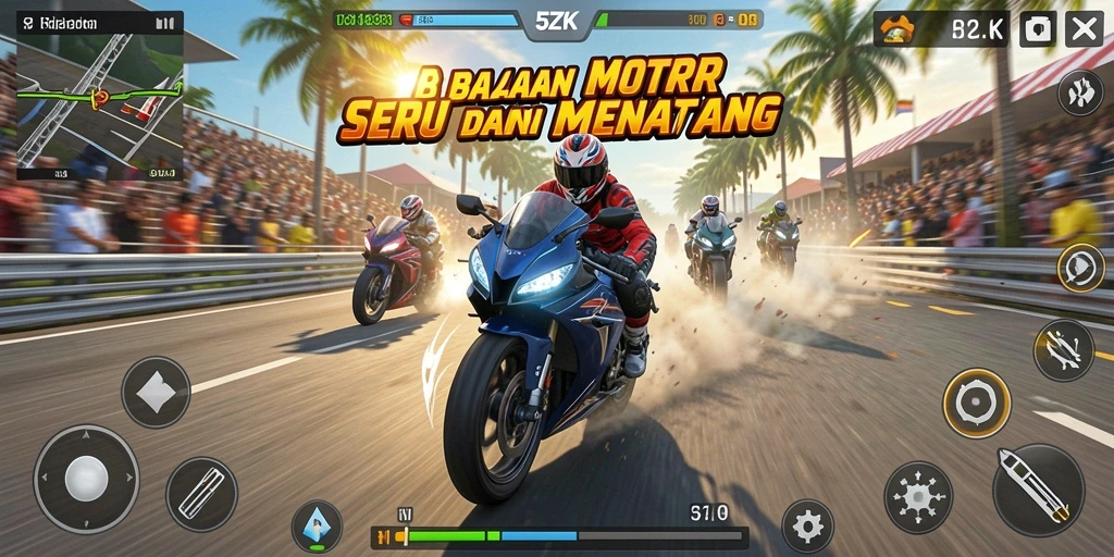 Screenshot permainan 5ZK menampilkan aksi balapan motor yang mendebarkan.