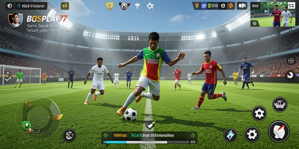 Screenshot utama BOSPLAY77 menampilkan aksi seru gameplay sepak bola.