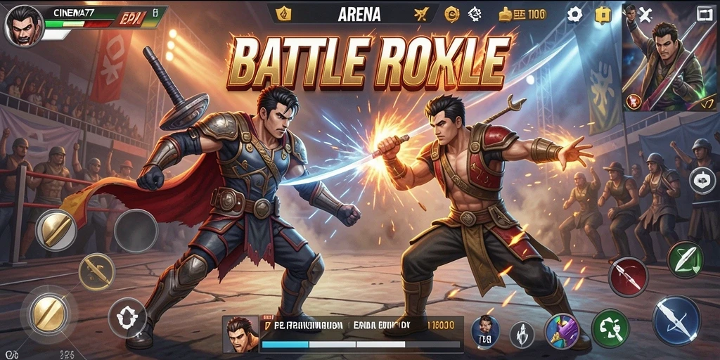 Screenshot utama CINEMA77 menunjukkan aksi seru di arena Battle Royale.
