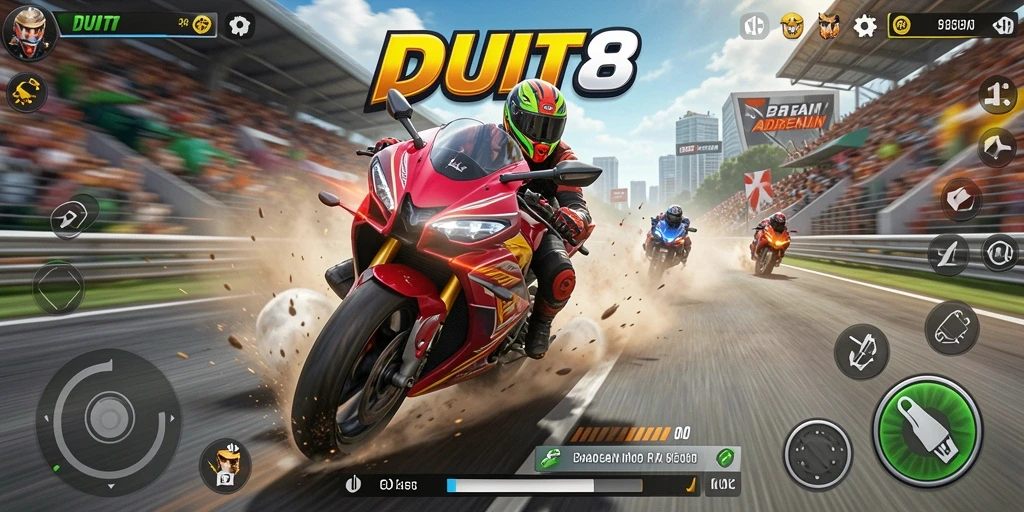 Screenshot gameplay DUIT8 menampilkan aksi balapan motor yang seru.