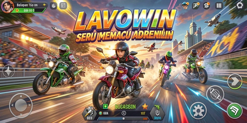Tampilan gameplay balapan yang mendebarkan di LAVOWIN.