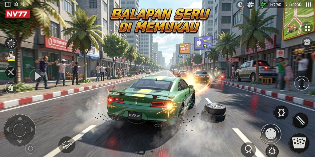 Tangkapan layar gameplay NV77 menampilkan aksi balapan yang mendebarkan.
