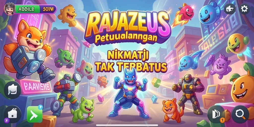 Tangkapan layar utama RAJAZEUS menampilkan aksi penuh warna dalam gameplay Arcade.
