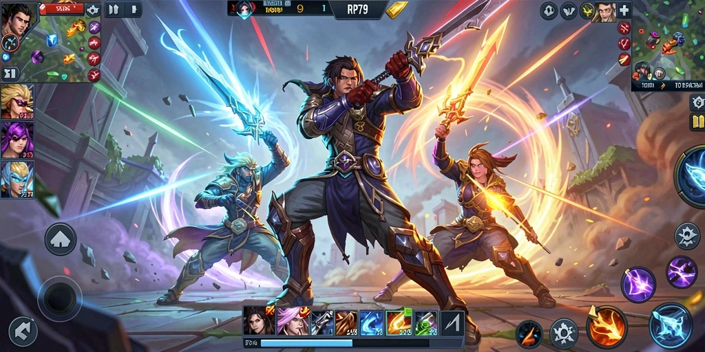 Tampilan gameplay menarik RP79 dengan pertarungan seru antar pahlawan.