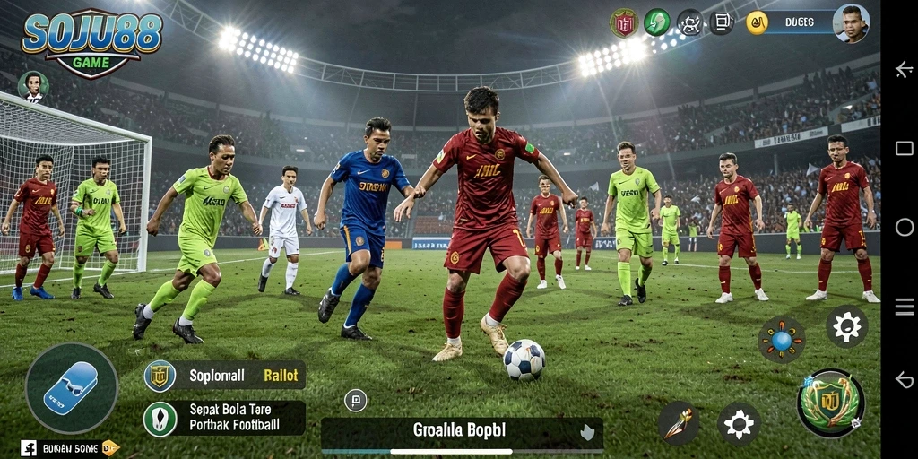 Tampilan gameplay menarik dari SOJU88 dengan aksi sepak bola nyata.