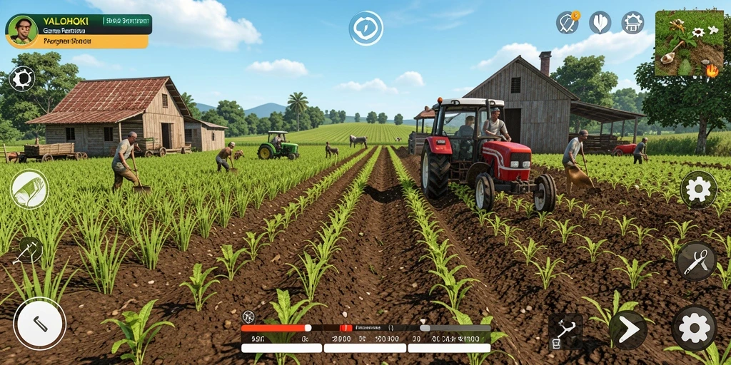 Screenshot gameplay VALOHOKI yang menunjukkan aktivitas bertani dan merawat hewan.