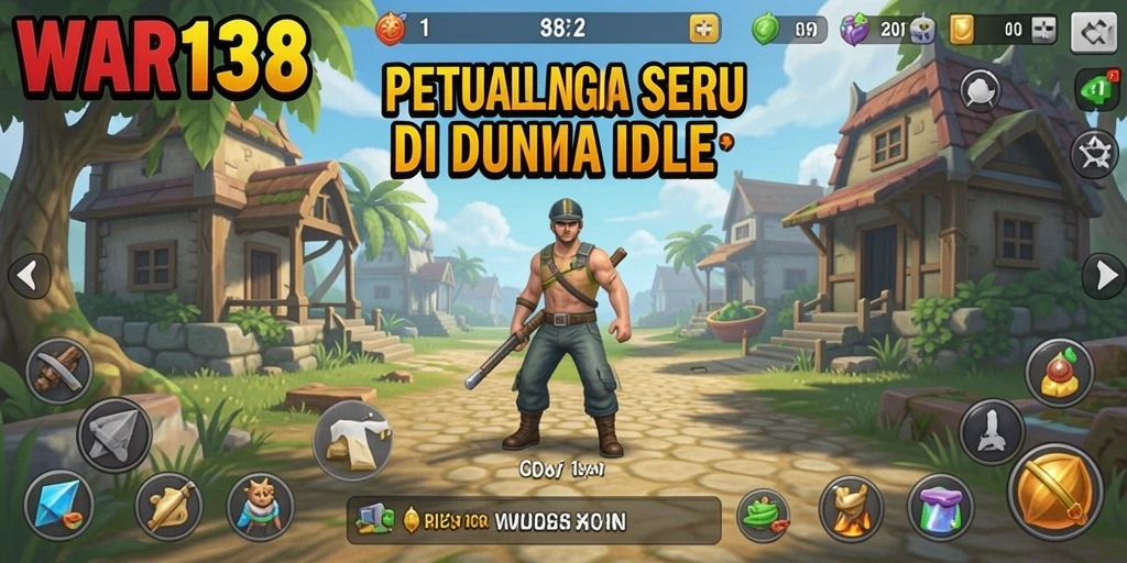 Tampilan menarik dari gameplay Idle WAR138 dengan pengumpulan sumber daya otomatis.